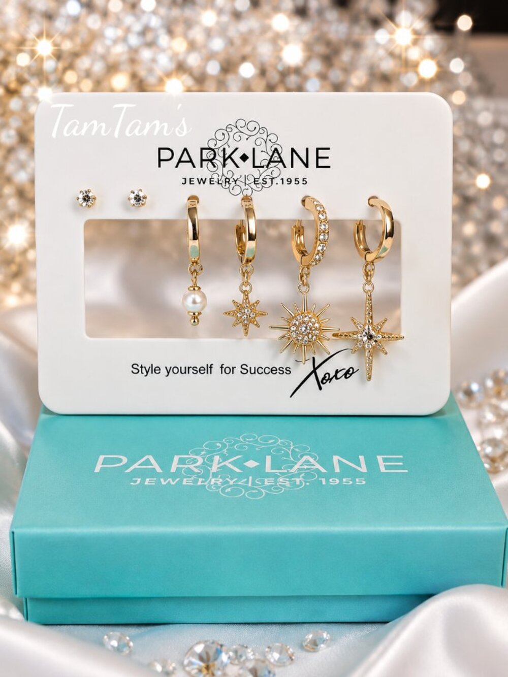 Park Lane Gold Celestial Earring Set Dazzle Drop Stars, Sun, Pearl Crystal Hoops
